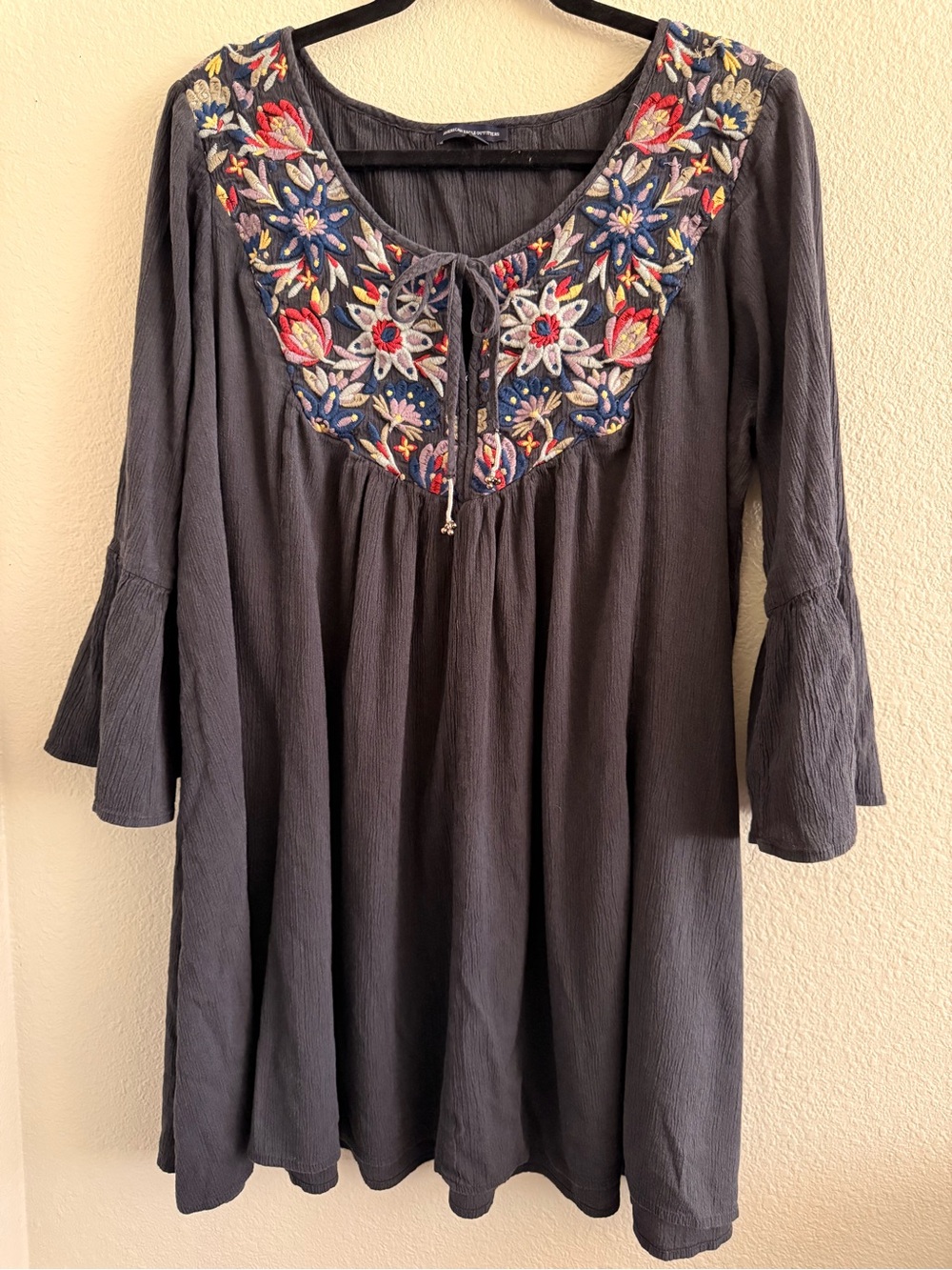 American Eagle Outfitters Charcoal Tunic with Multicolor Floral Embroidery
